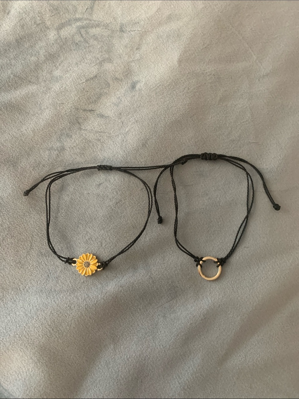 Black Cord Bracelet Duo with Gold Daisy and silver Ring Accents